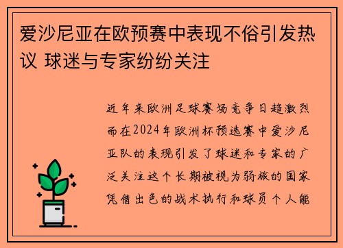爱沙尼亚在欧预赛中表现不俗引发热议 球迷与专家纷纷关注